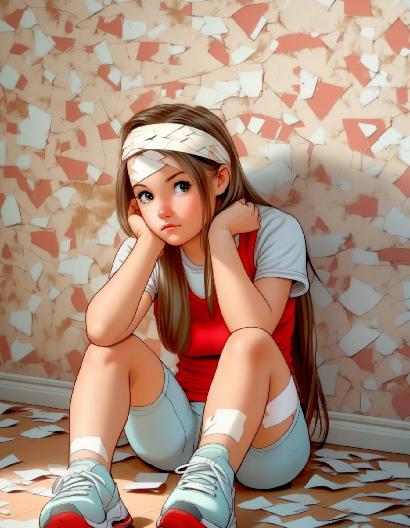illustration of a young girl with a bandage on her forehead sitting in a room with peeling wallpaper, best quality