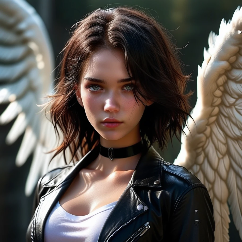 cleavage, jacket, closed mouth, breasts, leather jacket, black choker, upper body, angel wings, angel, outdoors, collarbone, dirty, simple background