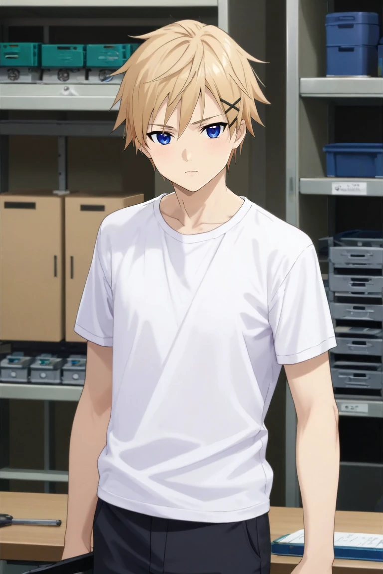 score_9, score_8_up, score_7_up, source_anime, rating_safe, , (photorealistic:0.6), looking at viewer, , 1boy, solo, male focus, <lora:banri_watanuki_pony:0.74>, banri_watanuki, blonde hair, blue eyes, short hair, hair ornament, x hair ornament, hairclip, cowboy shot, workshop, light, villain pose, sad, short sleeve shirt, bowler hat, <lora:sdxl_lightning_8step_lora:1>