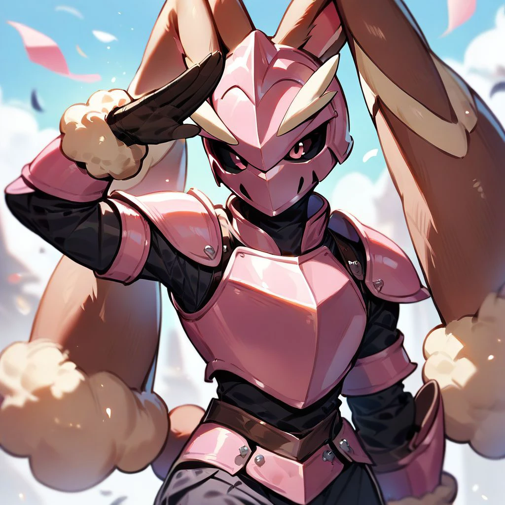 score_9,score_8_up,score_7_up,score_6_up,score_5_up,score_4_up, solo, knight, pink armor, helmet, lopunny, brown fur, pokemon (creature), salute