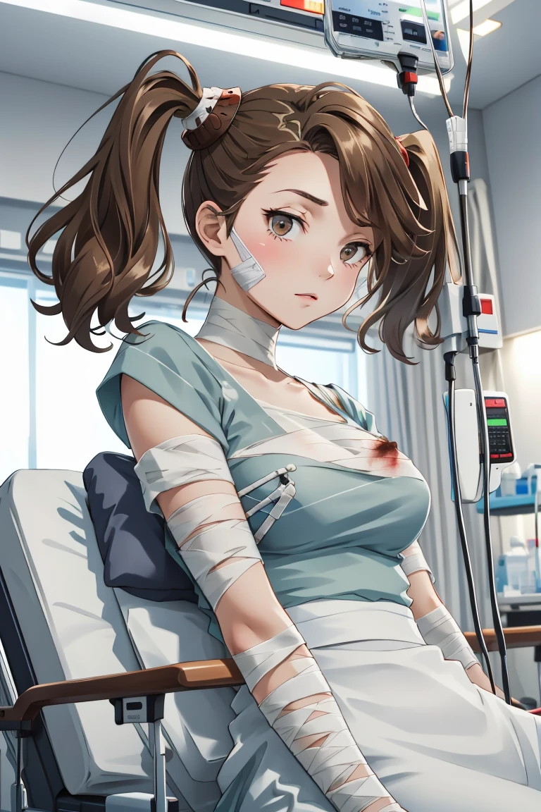 (RAW photo, best quality,facing the viewer,from front), operating room, overhead surgical light,blurred background, focused, dithering,backlighting,
 <lora:CM_Patient_ICU_Bandaged_V2.0-000004:0.85> patient_bloodyband_icu, 1girl, solo, bandages, intravenous drip, hospital bed, bandaged head, lying, 
 <lora:KaorukoSazaki:0.8> twintails, kaoruko, 1girl, solo, brown hair, brown eyes,