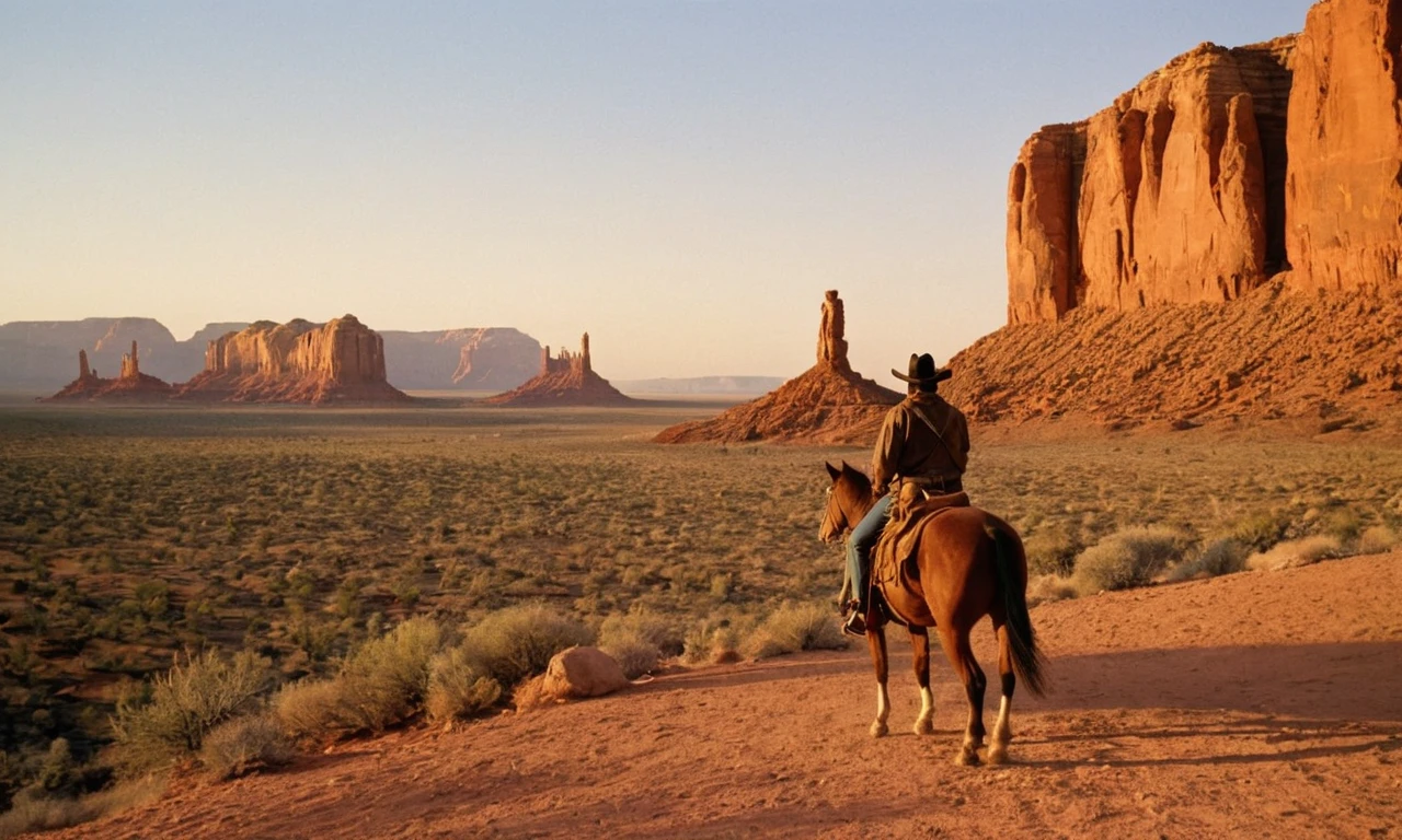 Cinematic, western photography, establishing shot of a lone cowboy wearing a weathered duster, riding a horse across a vast desert landscape with towering red rock formations, sunset, shot by IMAX MSM 9802 using Kodak Portra 800, by Sergio Leone, dramatic, golden hour lighting, warm, dusty color palette 