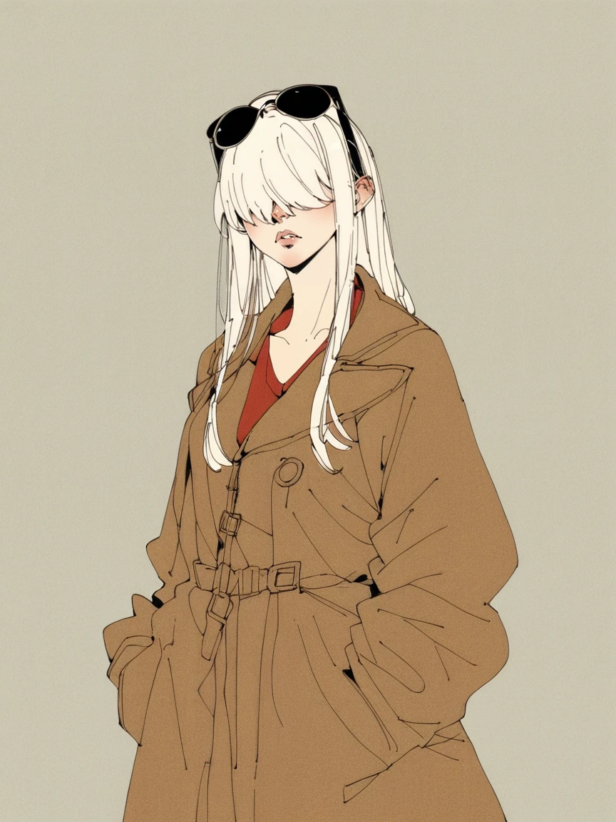 <lora:Neo-Ukiyo:0.95>, spy 1girl, trench coat, sunglasses, covered eyes, long white hair, score_9, score_8_up, score_7_up, score_6_up