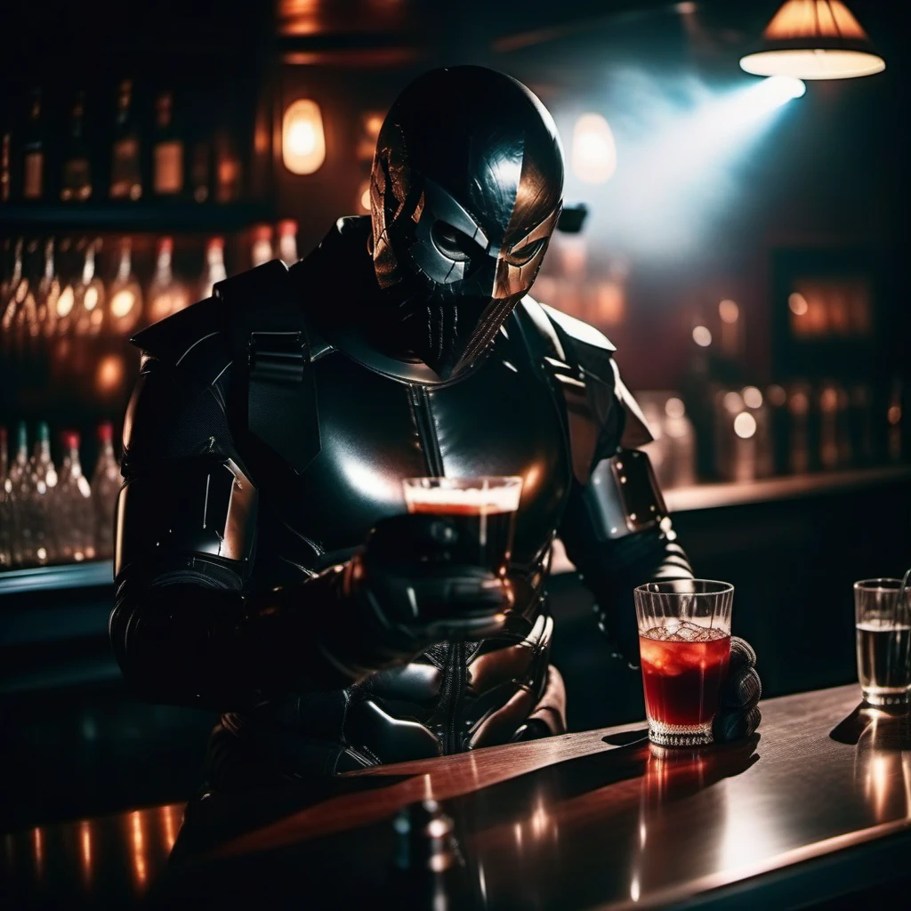 cinematic photo  man with a black mask in an black armored bodysuit, black gloves, black cargopants, shoulder armor, breast plate, black military boots, dark, making a cocktail in a shaker in a dark pub <lora:Rendel1024-000150:0.8> . 35mm photograph, film, bokeh, professional, 4k, highly detailed