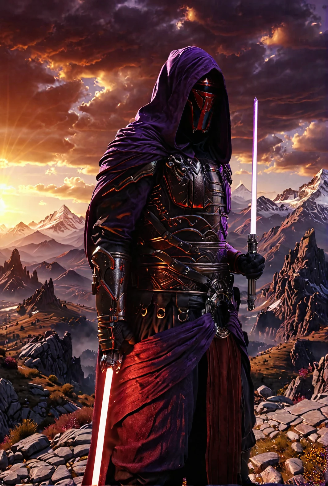 man standing holding lightsabers, intricate and detailed helmet,  rtx, field of view, mountains in background, dual wielding lightsabers
cinematic masterpiece, slow motion, accurate clothing, hooded, 7-DarthRevan, red and purple energy sword
[reflections, realistic lighting, light rays, beams of light, realistic, high quality photo, 4k]
 <lora:add-detail-xl:0.5> <lora:xl_more_art-full_v1:0.4> <lora:Darth Revan v1.0:0.9>