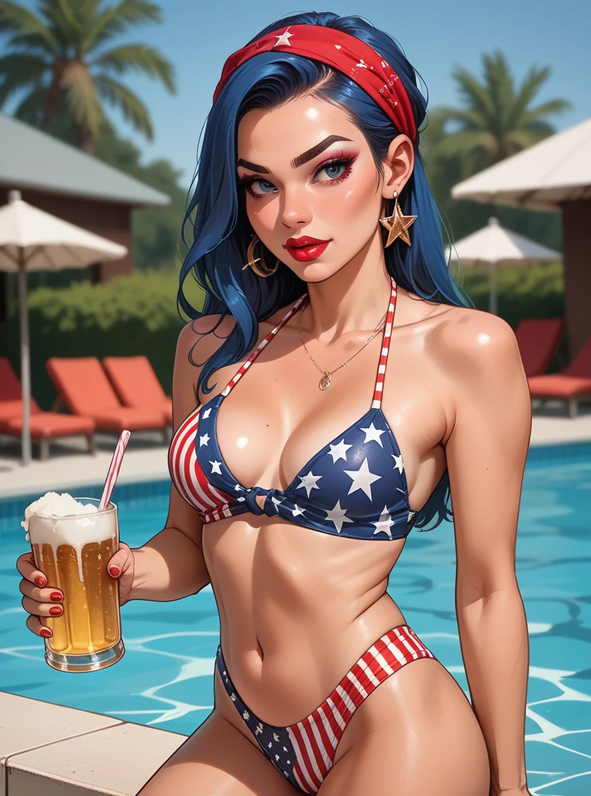 cinematic film still score_9, score_8_up, score_7_up, score_6_up, 1girl, blue hair, makeup, lipstick, hud_us4_1, american flag bikini, red bandana, <lora:rwb-000009:0.6>, holding a beer, pool, swimming