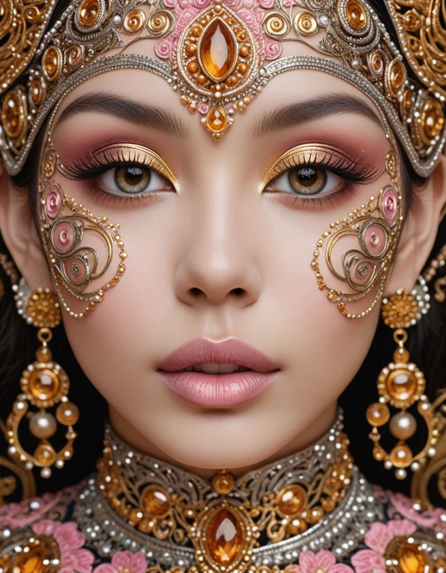 A close-up of a female face adorned with intricate, ornate designs. The designs are predominantly gold and silver, with patterns resembling swirls, circles, and other symmetrical motifs. The eyes are a captivating shade of amber, and the lips are painted a soft pink. The background is dark, emphasizing the face and the elaborate details on it.