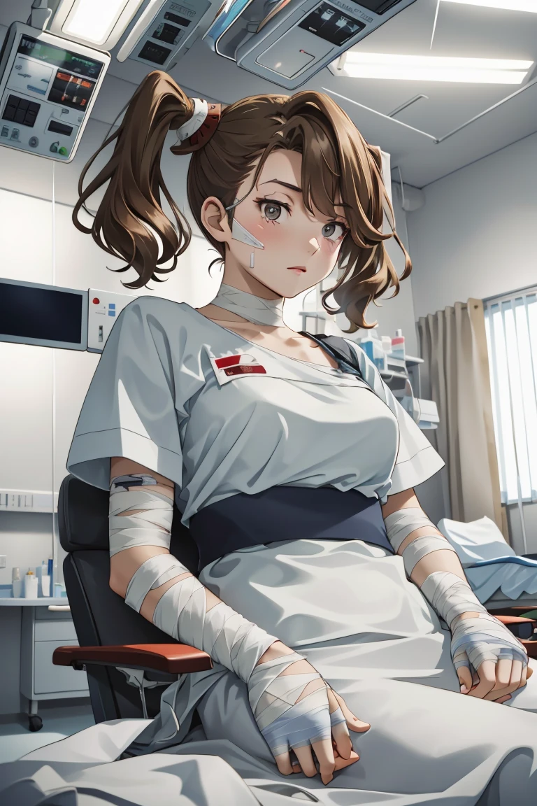 (RAW photo, best quality,facing the viewer,from front), operating room, overhead surgical light,blurred background, focused, dithering,backlighting,
 <lora:CM_Patient_ICU_Bandaged_V2.0-000004:0.85> patient_bloodyband_icu, 1girl, solo, bandages, intravenous drip, hospital bed, bandaged head, lying, 
 <lora:KaorukoSazaki:0.8> twintails, kaoruko, 1girl, solo, brown hair, brown eyes,