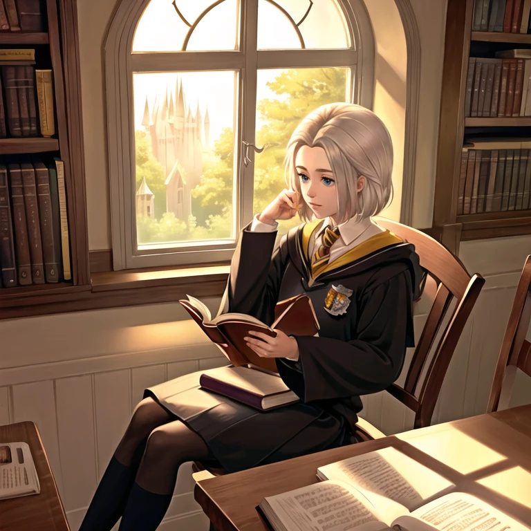 chiaralobosca, 1girl, solo, (hogwarts school uniform, school uniform:1.3), collared shirt, yellow necktie, striped necktie, black pantyhose, black skirt, (medium breasts:0.6), desk, expressionless, (looking down, window, indoors, sitting, chair, reading, book, leaning on desk, library, studying:1.2), (resting head, resting on elbow:1.3), <lora:chiaralobosca:0.71>