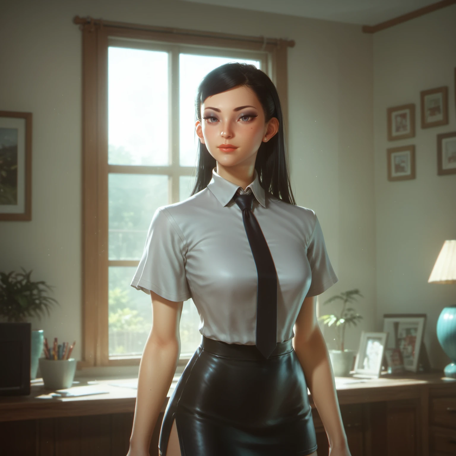 score_9, score_8_up, score_7_up,score_6_up, score_5_up,1girl, long black hair, makeup, shirt with a tie, black mini pencil skirt, living room with sunshine shot through the window,
<lora:GoodfitchunliPonyv1:1>