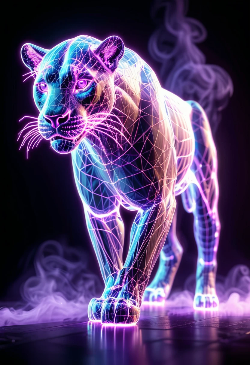 <lora:artfullyANIMALWIRE_SDXL_V1:1>, artnmlwr,  3D full body hologram of a majestic panther, 3D full body shot of a stalking panther made from neon glowing wireframe, A majestic panther made of intricate digital lines and glowing neon colors, a hyper realistic oil painting in the style of cyberpunk elements., cool lighting, dark background with a purple glow behind it, fantasy style digital art., glowing lights on its horns and skin, high resolution., in the style of digital art, neon lights and smoke around the animal, stalking majestically against the backdrop of dark purple smoke, symbolizing strength in business. Intricate glowing hologram line art in the style of digital artists., the whole figure is made up in the style of a geometric wireframe structure, ultra-detailed textures, with a dark background and neon light purple and blue smoke in the style, with purple and blue smoke in the background against a black dark background