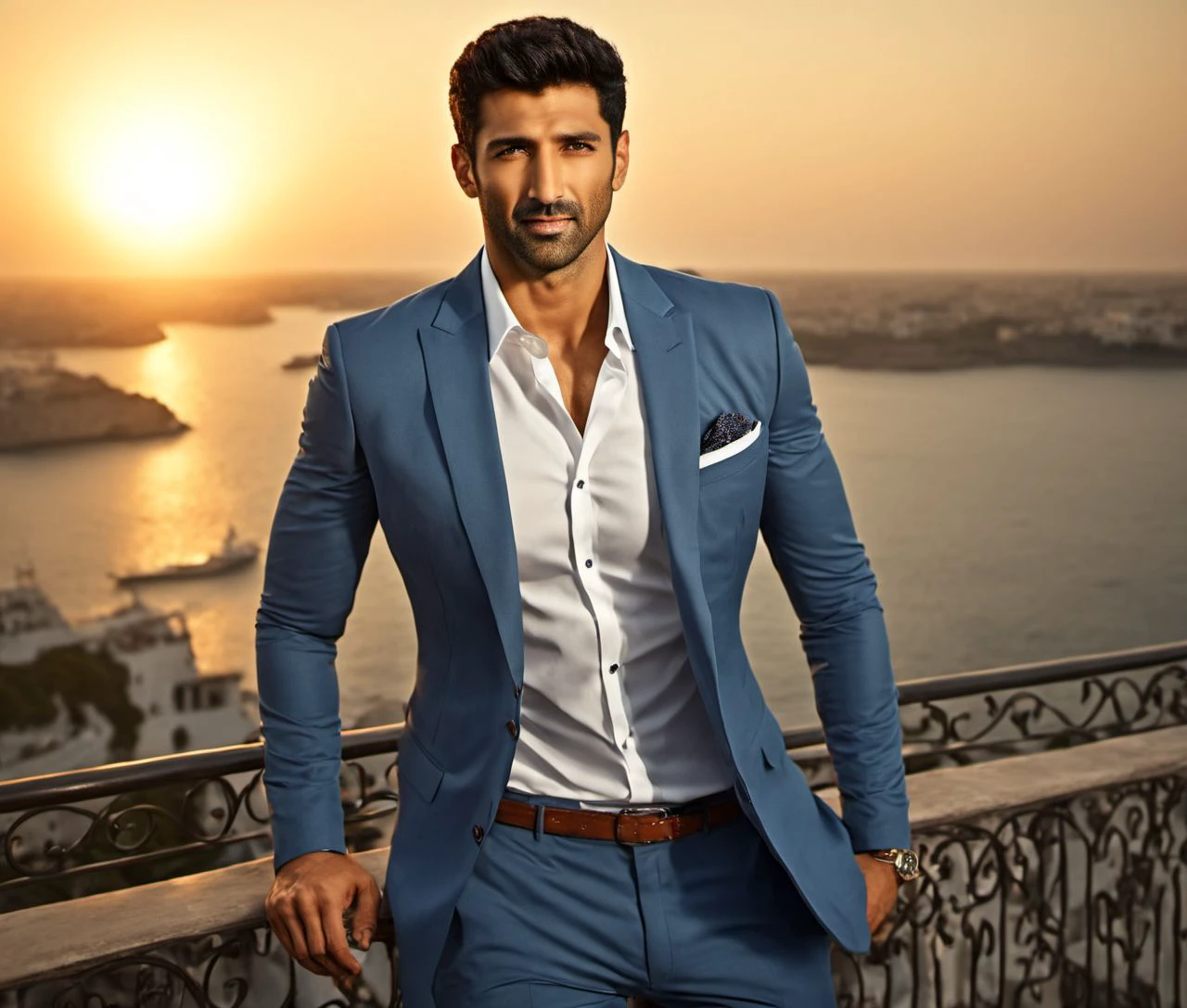 Nautical-themed (Photo:1.3) of (Ultrarealistic:1.3) <lora:Man_Men_FFashion:1> Aditya Roy Kapur a man <lora:Aditya-Roy-Kapur:1> in a blue suit standing on a balcony, handsome man, attractive man, handsome male, sun behind him, inspired by Pablo Munoz Gomez, shot at golden hour, editorial photograph, midshot of a hunky, by Roman Bezpalkiv, by Artur Tarnowski, maxim sukharev, by Gabor Szikszai,Highly Detailed,(Mono Color:1.3) . Sea, ocean, ships, maritime, beach, marine life, highly detailed