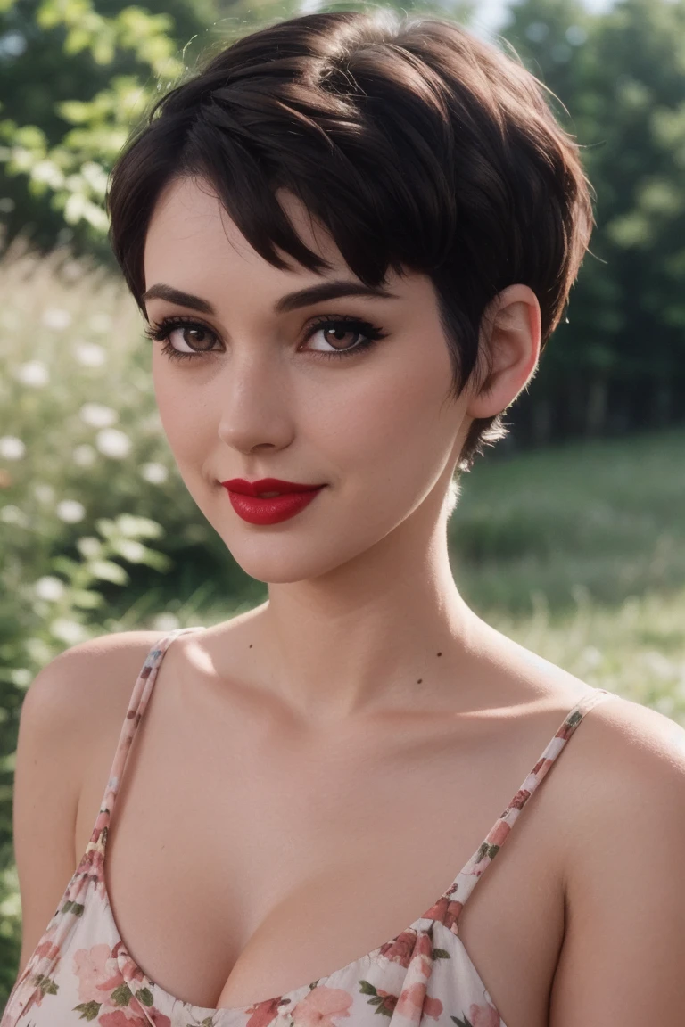 <lora:winona-09:0.6>,winona, ((detailed eyes, beautiful eyes, detailed face, beautiful face):1.2), ((red lipstick, blush)), ,photo of a woman, RAW, ((beautiful floral print sundress)),((short hair, pixie cut)), ((outdoors, gorgeous meadow, walking)), 8k uhd, dslr, soft lighting, high quality, film grain, Fujifilm XT3 sharp focus, f 5.6,slight smile