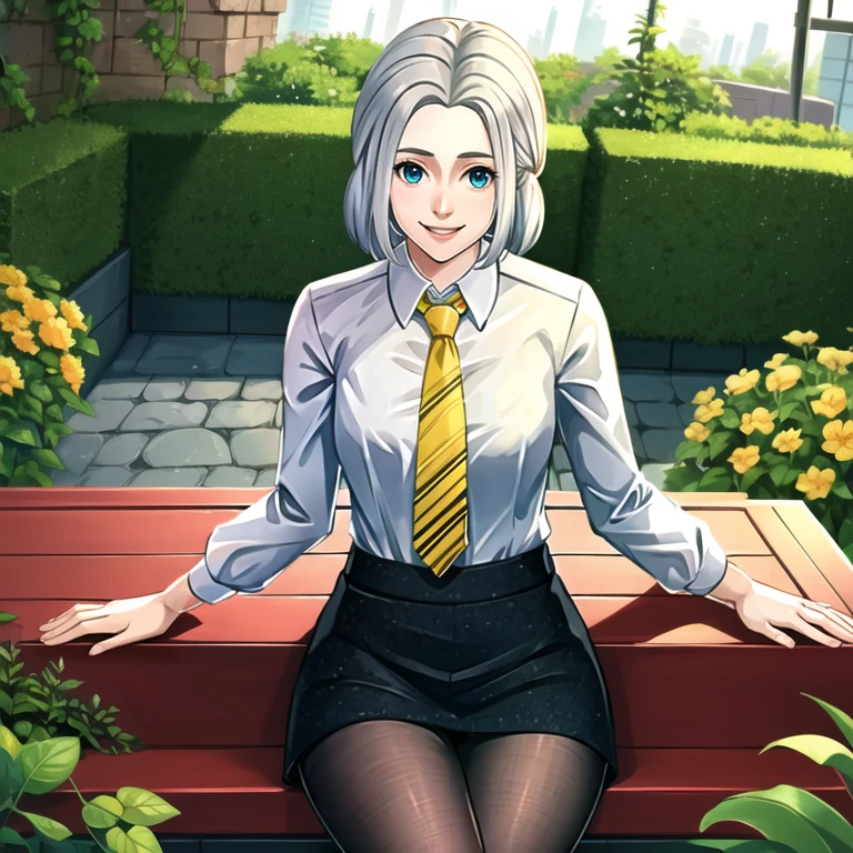 chiaralobosca, 1girl, solo, upper body, looking at viewer, (cowboy shot:1.1), white shirt, collared shirt, sleeves rolled up, yellow necktie, striped necktie, black pantyhose, black skirt, (medium breasts:0.6), looking at viewer, smile, (garden, outdoors, thighs, sitting), <lora:chiaralobosca:0.7>