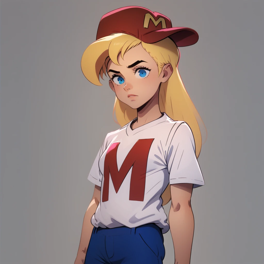 score_7_up, BREAK, 1girl, solo, Maxine, blonde hair, long hair, blue eyes, red hat, baseball cap, white shirt, short sleeves shirt,  blue pants, <lora:Maxine_MightyMax_PXL_Leaf1:1>, cowboy shot,