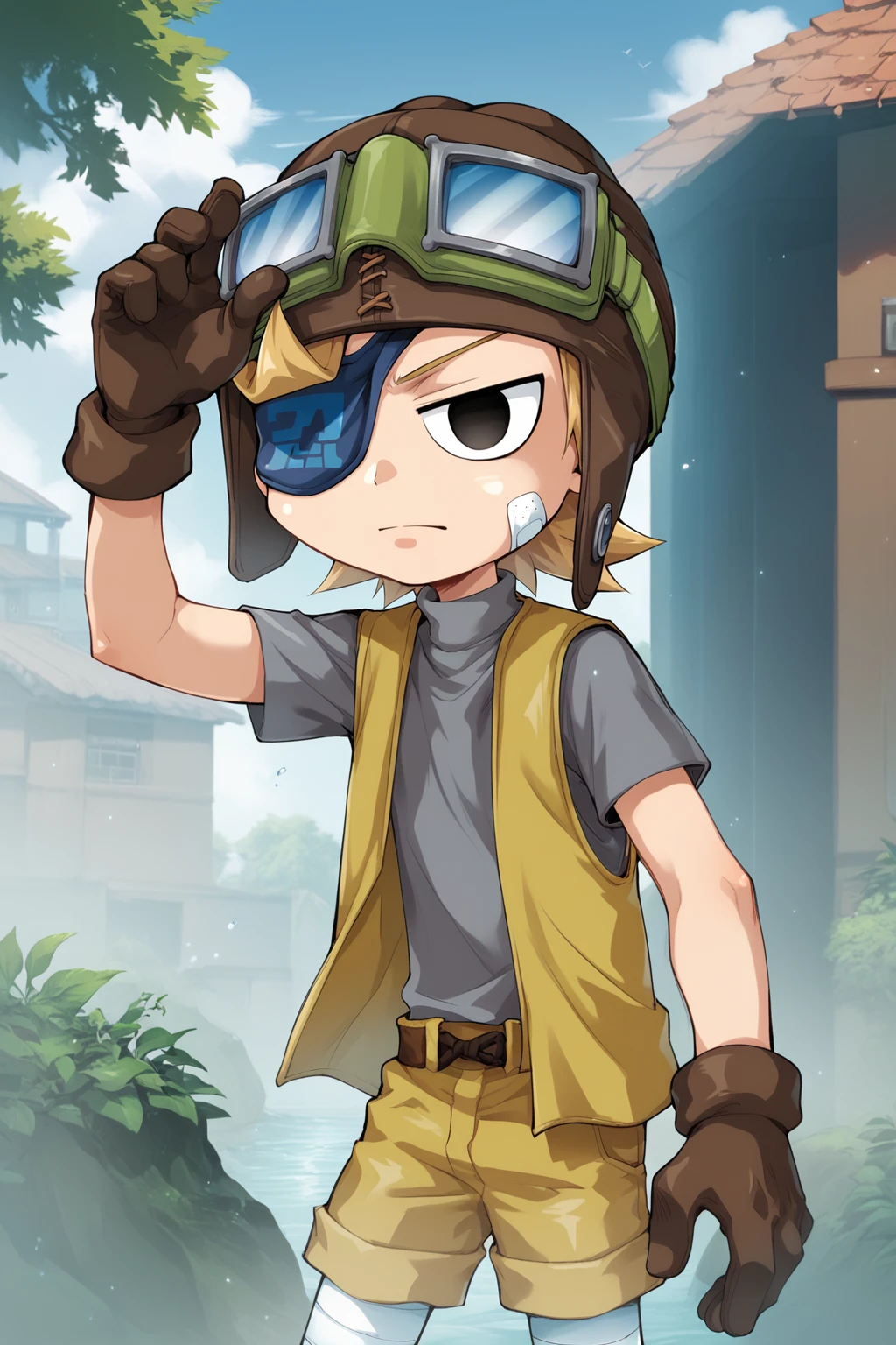 score_9, score_8_up, score_7_up, score_6_up, score_5_up, score_4_up, source_anime, cowboy shot, outdoors, 1boy, solo, kid, Arururouge, aruru hat, aviator cap, brown hat, goggles on headwear, green goggles, blonde hair, short hair, (black eyes:1.3), eyepatch, bandaid on cheek, grey shirt, t-shirts, turtleneck, yellow vest, opened vest, yellow shorts, brown gloves, bandaged leg, <lora:Arurupony:0.85>