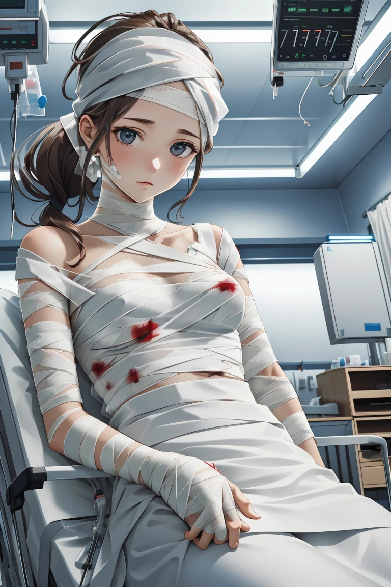 (RAW photo, best quality,facing the viewer,from front), operating room, overhead surgical light,blurred background, focused, dithering,backlighting,
 <lora:CM_Patient_ICU_Bandaged_V2.0-000004:0.85> patient_bloodyband_icu, 1girl, solo, bandages, intravenous drip, hospital bed, bandaged head, lying,