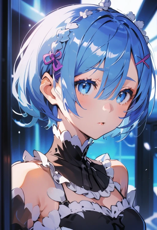 leimu, 1girl,solo,  blue eyes, rem \(re:zero\), x hair ornament, halterneck, short hair, blue hair,