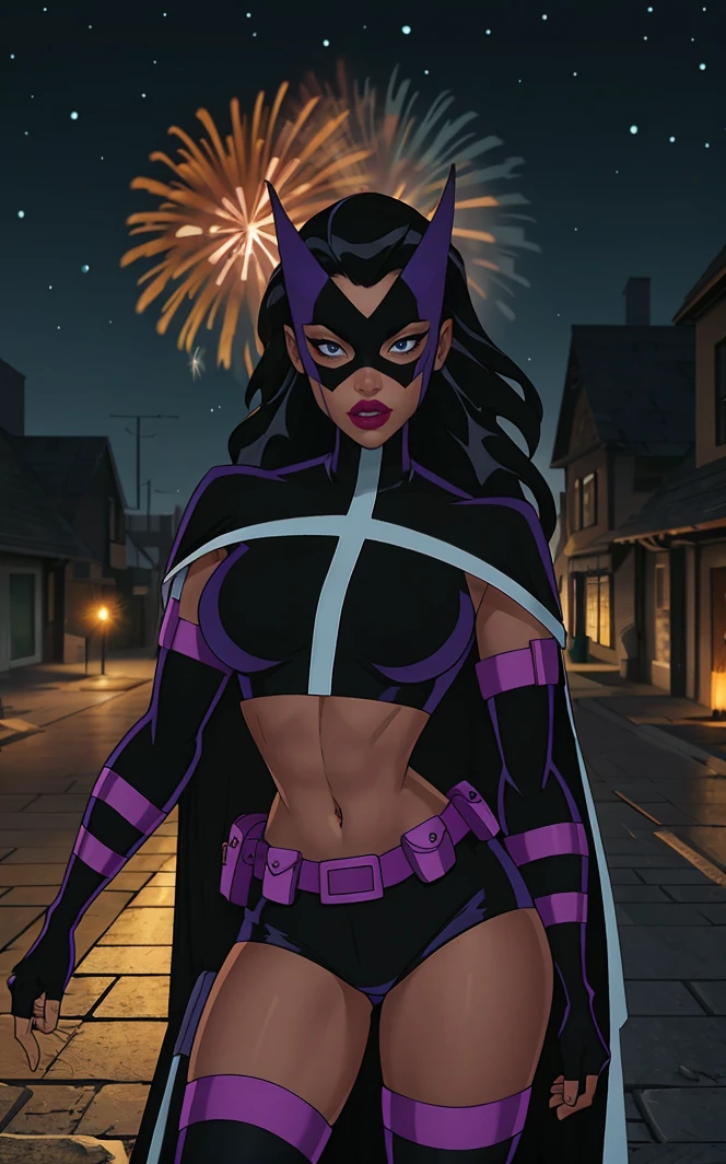 masterpiece, best quality, highres, contrapposto, 
Costum_JLU_Huntress_ownwaifu,
1girl,  black hair, mask, domino mask, eye mask, long hair, lipstick, black eyes, lips, red lips, breasts, large breasts,   toned, 
navel cutout, short shorts, belt pouch, cape, midriff, navel, fingerless gloves, elbow gloves, bodysuit, crop top, clothing cutout, black cape,  black thighhighs, 
<lora:DC_JLU_Huntress_ownwaifu:0.8> ,
canal, vanishing point, depth_of_field, scenery, night, aerial fireworks, solo, cowboy shot, looking at viewer,