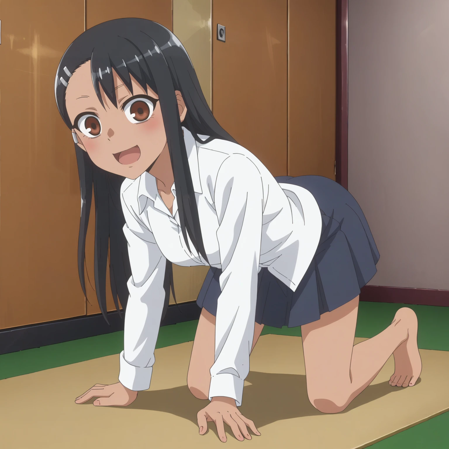 <lora:HayaseNagatoroXLpony003>,
solo,
HayaseNagatoro,1girl,black hair,long hair,brown eyes,
white shirt,dress shirt,
blue skirt,
full body,all fours,