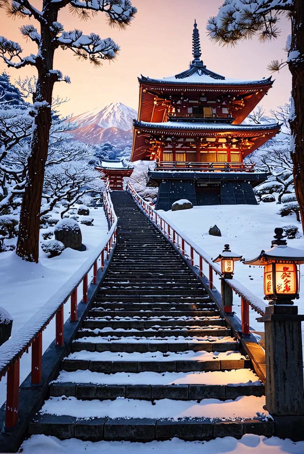 Japanese Temple on top of mountain, snow, warm lighting, long staircase
[reflections, vibrant lighting, realistic, high quality photo, 4k, hd, 7-RetroDigital]
   <lora:Japanese Architecture v1.0:0.4>