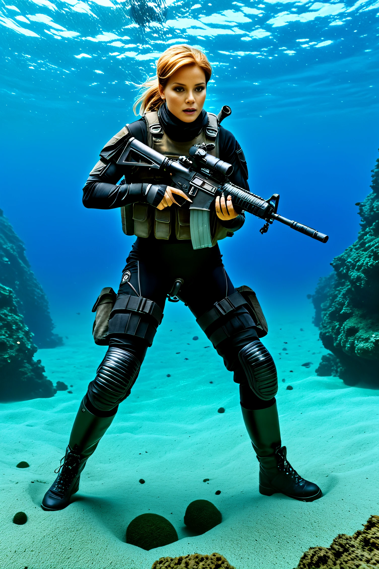 UHD, 4k, ultra detailed, cinematic, a photograph of Photorealism <lora:JenniferRedSDXL-000008:1>, JenniferRedSDXL  wearing Sci-fi Military Special Forces Gear in Fossilized Ocean Floor, looking at the viewer, Photorealism, often for highly detailed representation, photographic accuracy, or visual illusion., epic, beautiful lighting, inpsiring