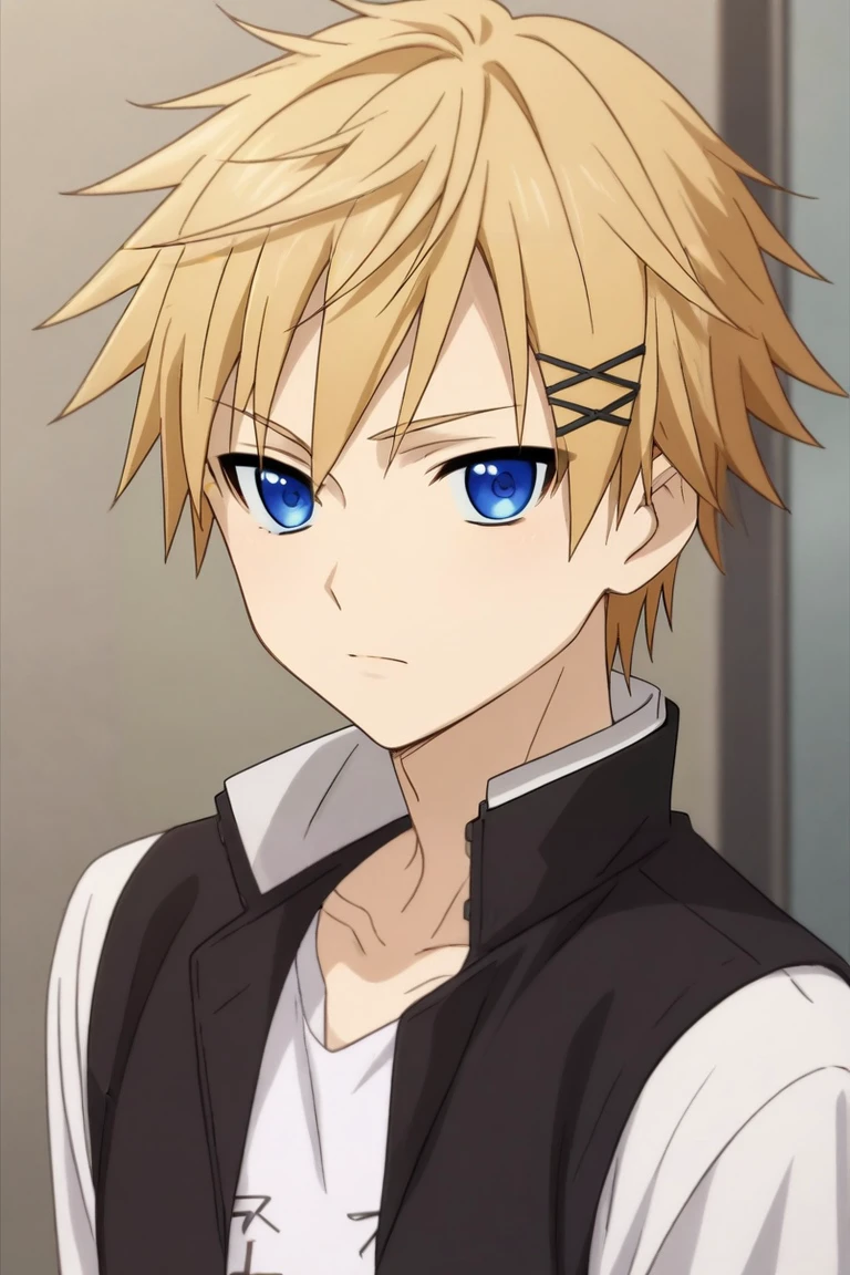 score_9, score_8_up, score_7_up, source_anime, rating_safe, , , looking at viewer, depth of field, 1boy, solo, male focus, <lora:banri_watanuki_pony:0.92>, banri_watanuki, blonde hair, blue eyes, short hair, hair ornament, x hair ornament, hairclip, , comic book character costume, <lora:sdxl_lightning_8step_lora:1>