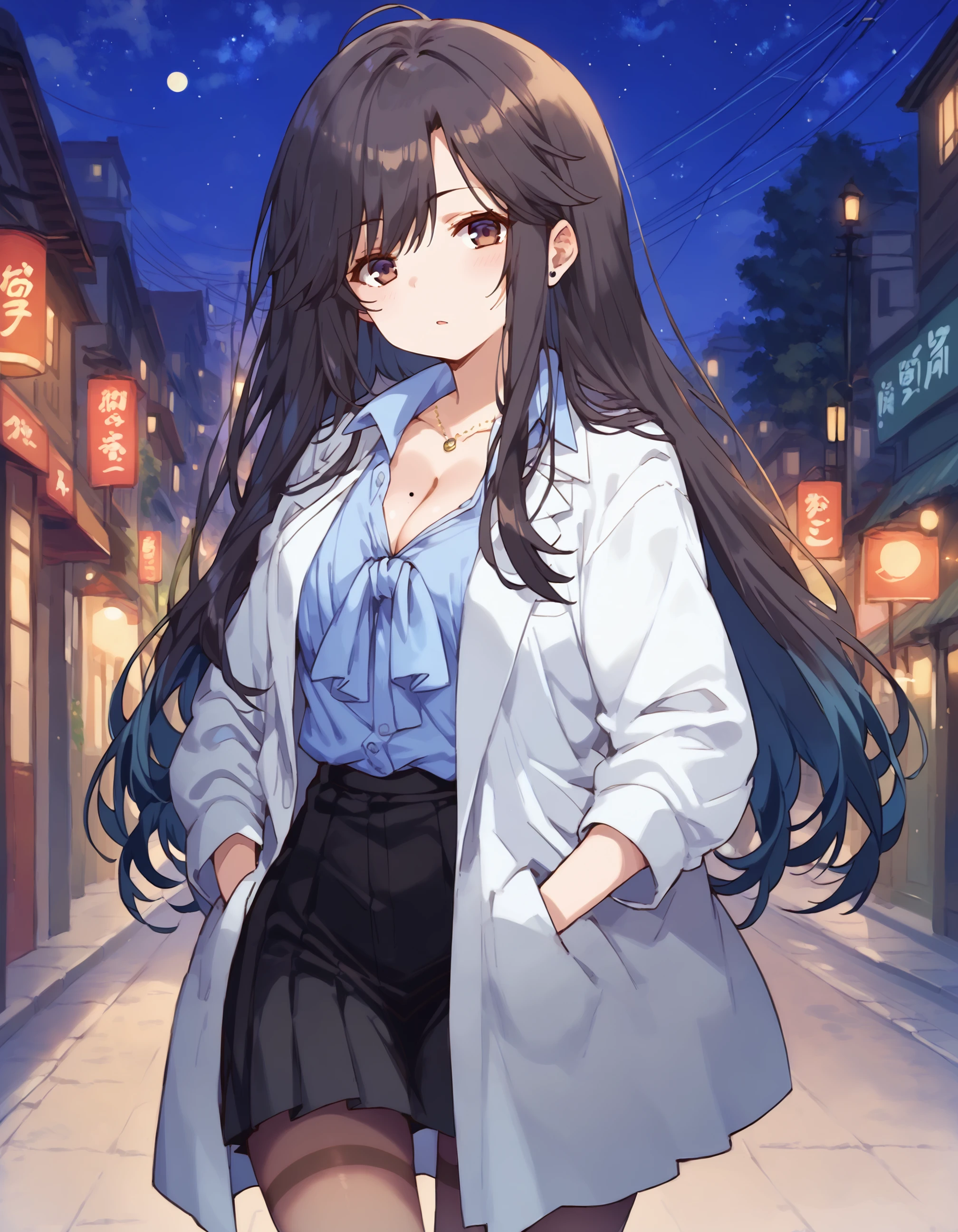 (score_9, score_8_up, score_7_up, score_6_up, score_5_up, score_4_up), best quality, masterpiece
BREAK
amagi_olis, 1girl, solo, gradient hair, long hair, brown eyes, necklace, mole on breast, lab coat, blue shirt, taut skirt, thighband pantyhose, looking at viewer, walking, hands in pockets
BREAK
city, night sky, starry sky, moon, night
<lora:amagi_BokuToJoiNoShinsatsuNisshi_ponyxl_v1:1>