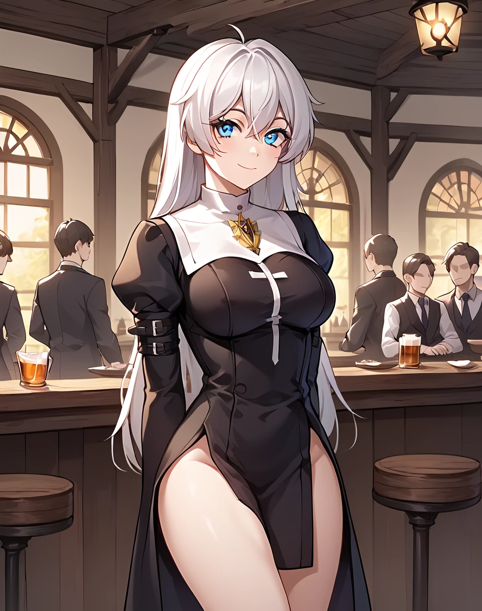 kallen_kaslana, loose hair, straight hair, long hair, white hair, blue eyes, bangs, medium breasts,  black_nun_outfit,  manhuaBREAK indoor, tavern, faceless people in background BREAK cowboy shot, looking at viewer, standing,closed mouth, sexy smile, flirty,arms behind back, BREAK score_9, score_8_up, score_7_up, source_anime ,zPDXL, <lora:Kallen_Kaslana:0.8>