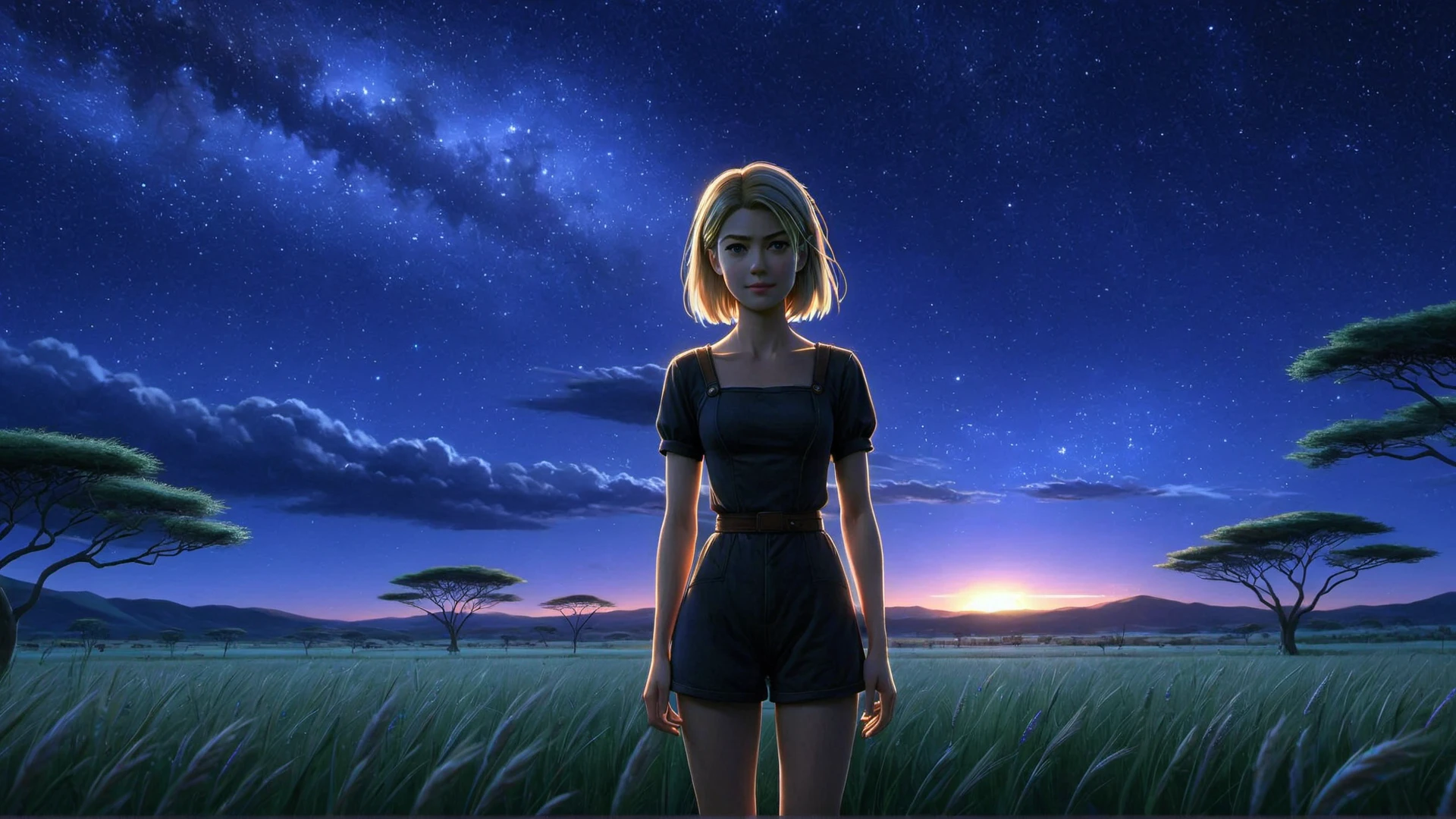 (((masterpiece))) , (((best quality))) , anime style, 2d, well-built charming 1girl, solo, lovely 1girl, AncestralPlane, full body view of beautiful gorgeous Rosamund Pike, standing in an open field under a brilliant night sky, shy smile, she has Shaved sides hair, key visual, 