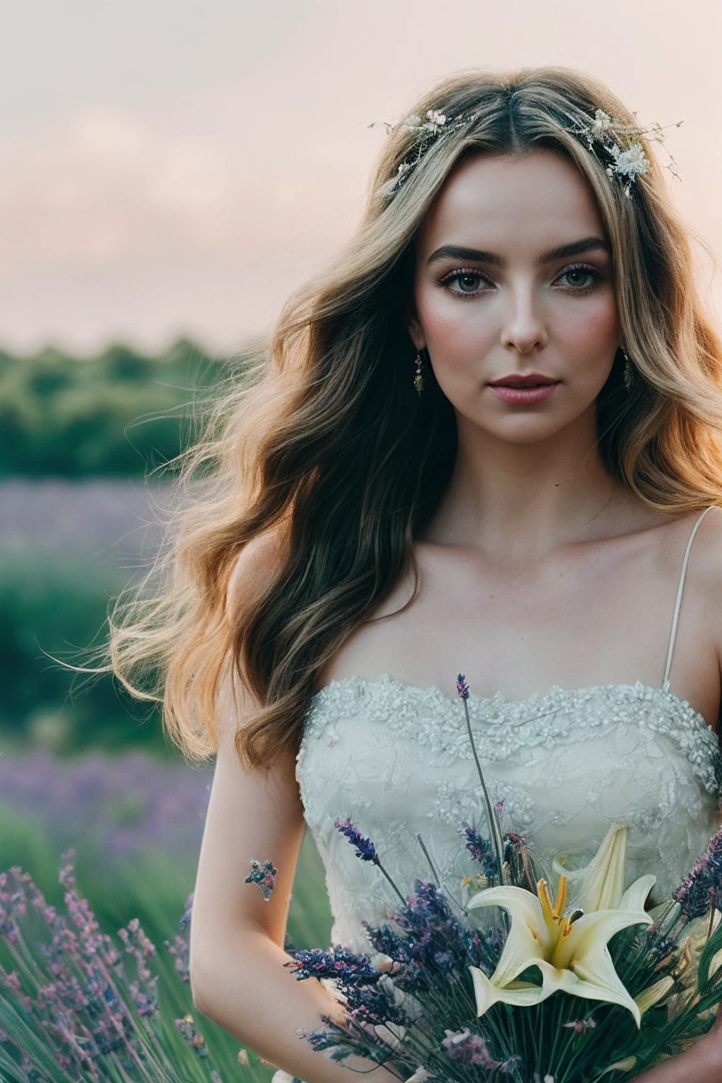 JodieC_SoloTI_v1,
(In a flowing dress of soft lilac chiffon, adorned with delicate lace and adorned with sparkling crystals, for a dreamy and enchanting look), (Amidst a field of wildflowers in full bloom, where the gentle breeze carries the scent of lavender and the song of birds fills the air, a sense of purity and innocence surrounds the ethereal figure of Lilies:1.3), (seductive:1.3),(analog, cinematic, film grain, hazy atmosphere, cinematic shot:1.3),
<lora:add_detail:0.6>, PA7_Portrait-MCU,