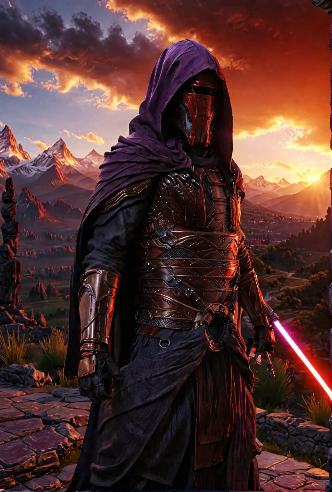 7-DarthRevan standing holding red and purple lightsaber, intricate and detailed helmet,  rtx, field of view, mountains in background, two lightsabers
cinematic masterpiece, slow motion, accurate clothing, hooded figure
[reflections, realistic lighting, light rays, beams of light, realistic, high quality photo, 4k]
 <lora:add-detail-xl:0.5> <lora:xl_more_art-full_v1:0.4> <lora:Darth Revan v1.0:0.9>
