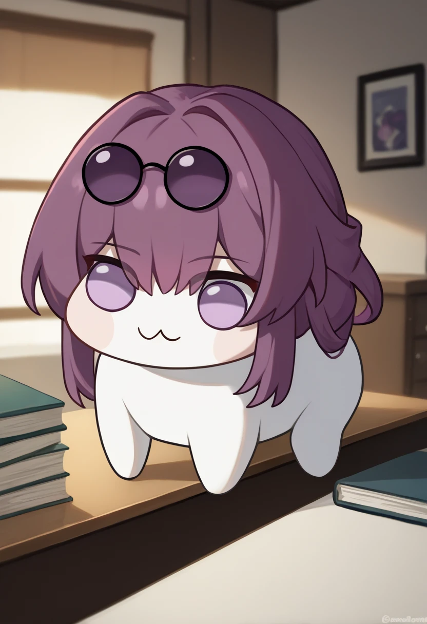 score_9, score_8_up, score_7_up, source_anime BREAK <lora:kafka-hsr-richy-v1_pdxl:1> kfka, purple eyes, purple hair, bangs, sidelocks, eyewear on head, <lora:Doro_X_PDXL_V1:0.8> doro, creature, chibi, :3, no humans, solid circle eyes, no pupils, white skin, indoors