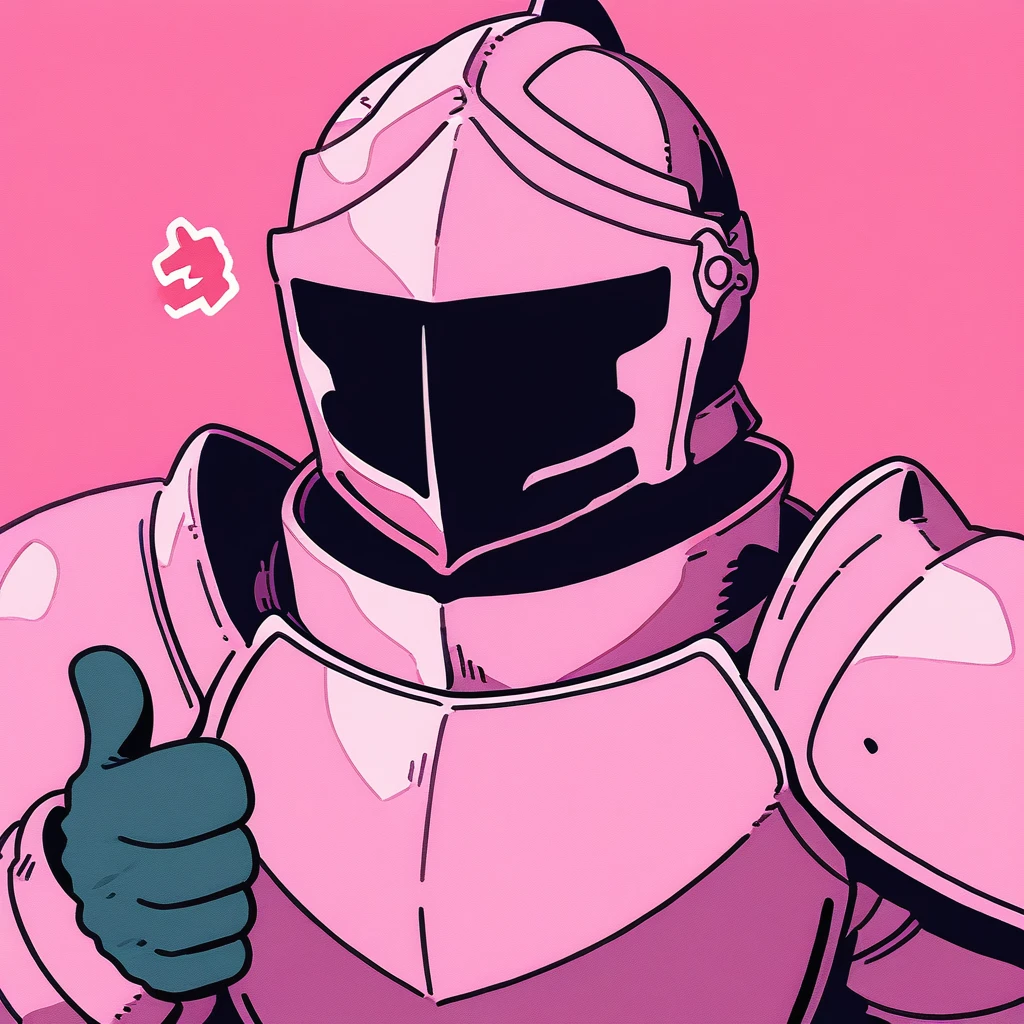 score_9, rating_safe, solo, knight, pink armor, helmet, thumbs up, simple background