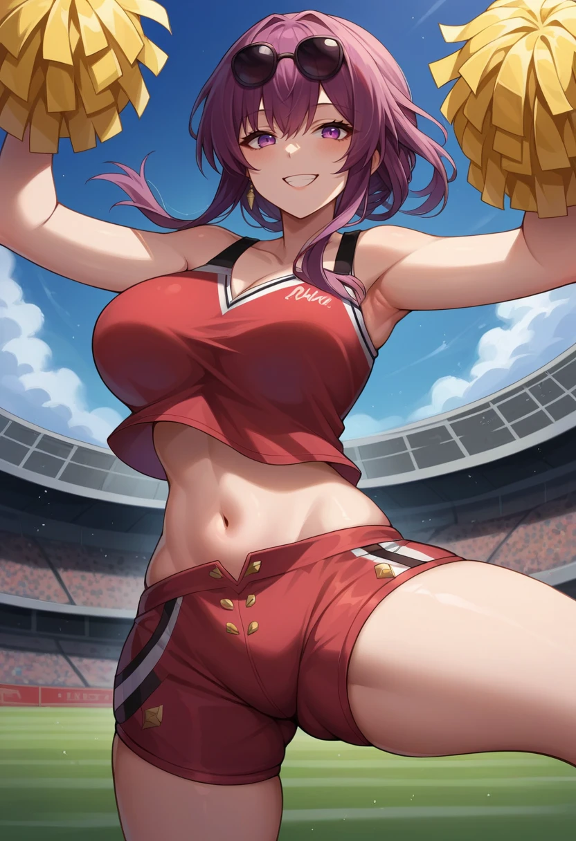 score_9, score_8_up, score_7_up, source_anime BREAK  1girl, solo, looking at viewer, close-up, upper body, 
<lora:Kafka-000009:0.8>, kfka, purple eyes, purple hair, bangs, eyewear on head, sunglasses, cheerleader, pom pom \(clothes\), holding pom poms, cheering, midriff, navel, shorts, thighs, leg up, loose clothes, crop top overhang, red shirt, red shorts, clothes writing, 
large breasts, skindentation, smile, evil grin, curvy, outstretched arms, 
outdoors, stadium, grass, blue sky,