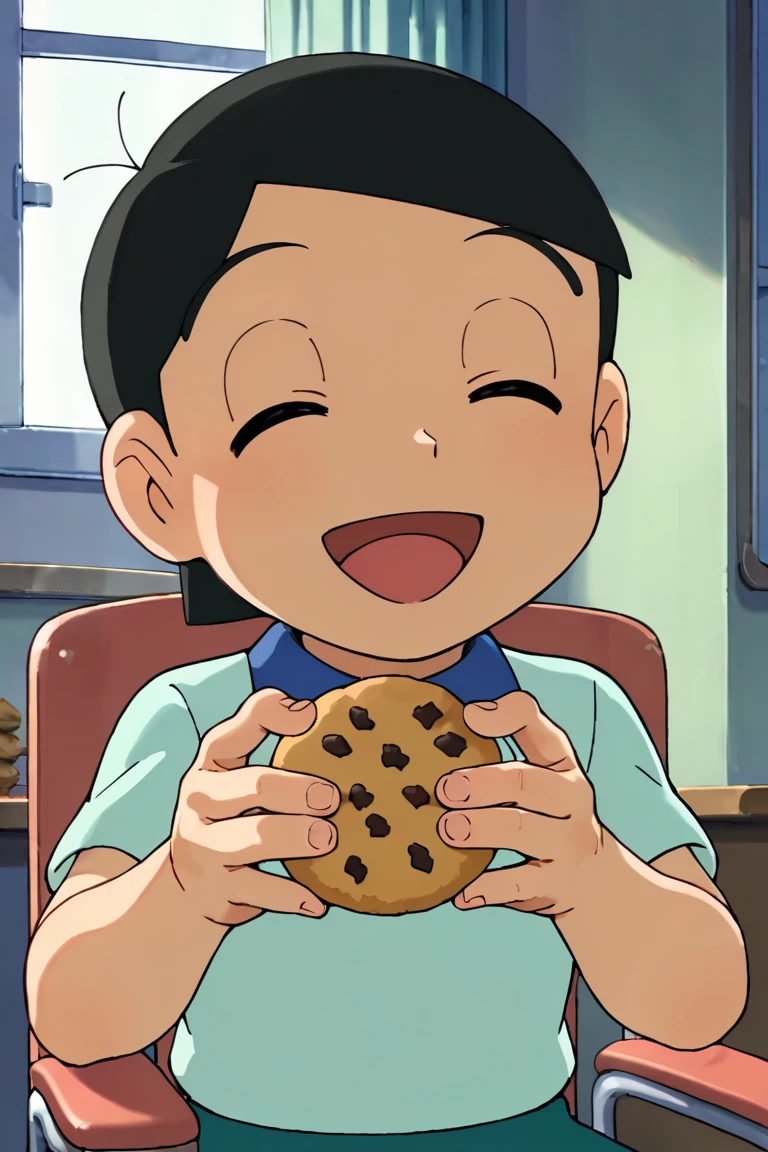 score_9,score_8_up,score_7_up,source_anime,1boy, solo,looking at viewer, Hidetoshi Dekisugi,black hair, smile, Blue shirt,short shirt, white socks, indoors, chairs and tables, food, cookies, eatting, sitting, upper body, open mouth, closed eyes, happy, smile<lora:EMS-402860-EMS:1.000000>