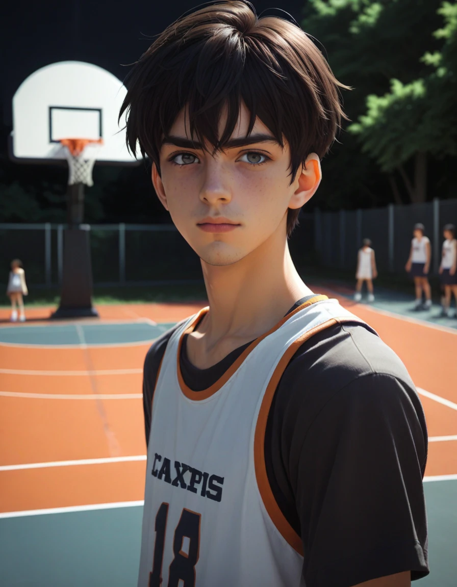 anime artwork anime artwork manga style An epic concept render unfolds on a dark, moxie1776 20 year old american man, crew cut, dark hair, no facial hair, skinny, happy and expression, close-up, looking at viewer, outdoor basketball court  in the background,  <lora:moxie1776:0.6>,  <lora:zavy-cntrst-sdxl:0.6> dark, chiaroscuro, low-key . anime style, key visual, vibrant, studio anime, highly detailed