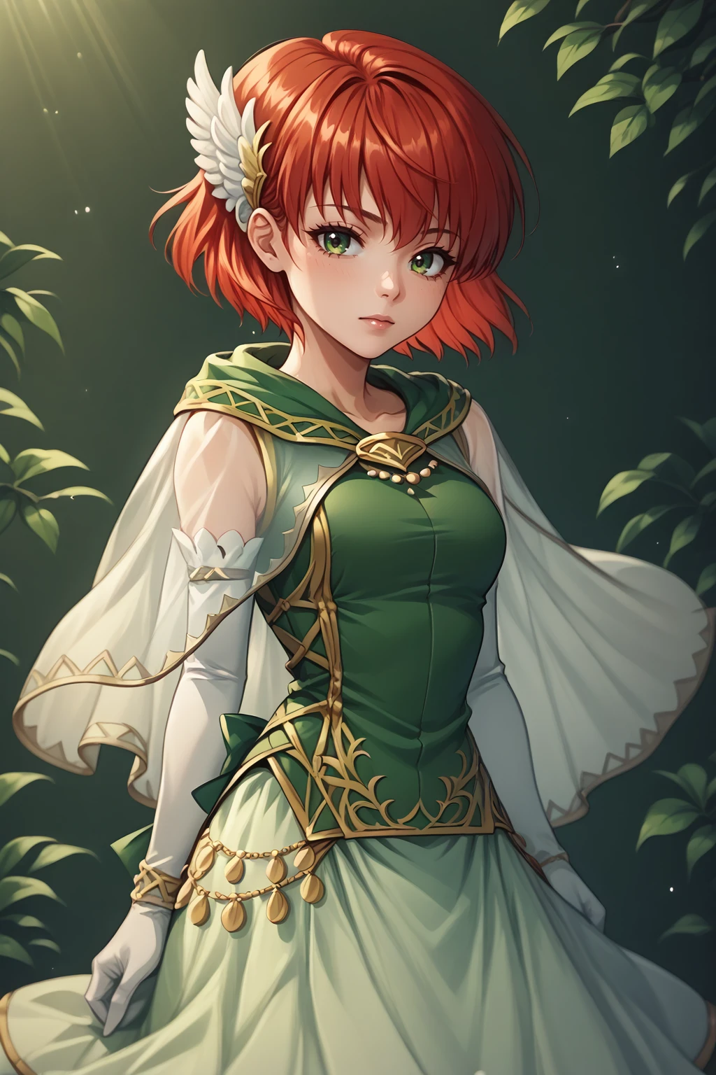 score_9, score_8_up, score_7_up, BREAK <lora:NSPriscillaFE7:1> NSPriscillaFE7, red hair, green eyes, short hair, wing hair ornament, white skirt, green blouse, sleeveless, transparent capelet, elbow gloves, green hood