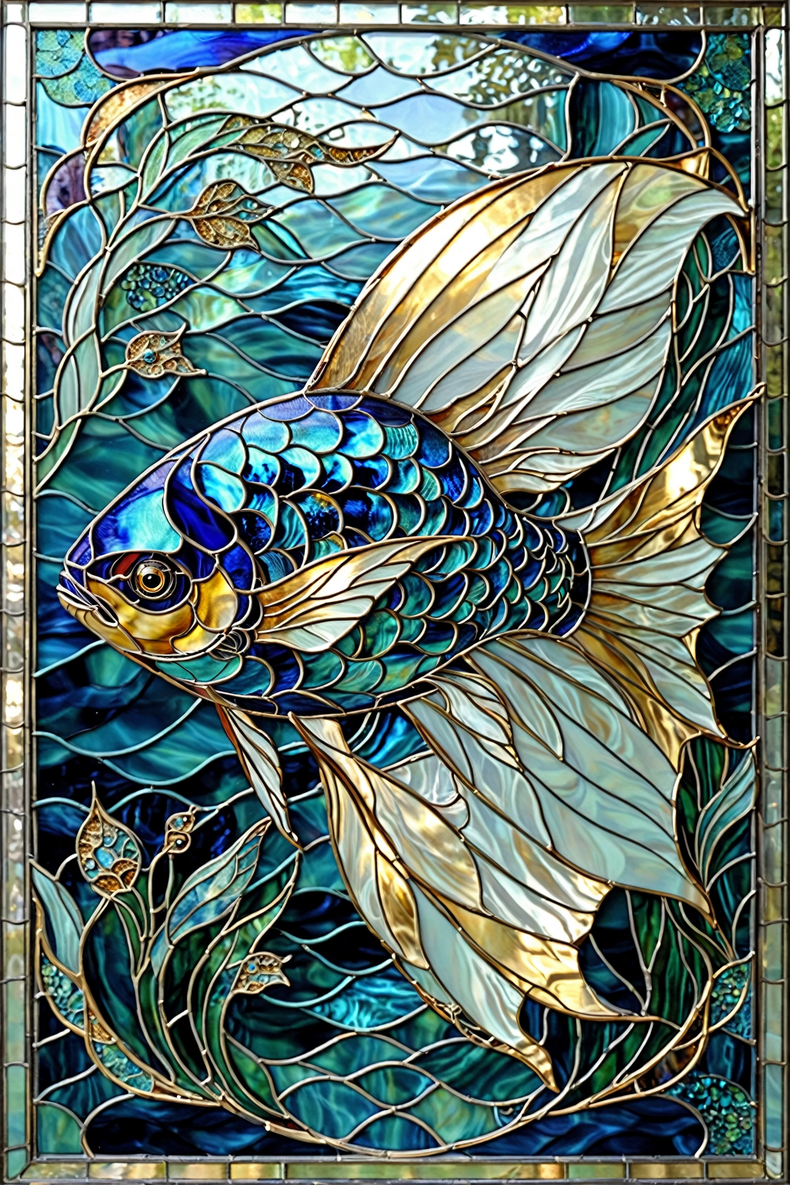 A stunningly detailed stained-glass artwork of a fish. The fish, with its vibrant blue and gold scales, swims gracefully amidst intricate patterns of flowing water. The background is a mesmerizing blend of deep blues and turquoises, interspersed with shimmering gold and silver elements, giving the impression of a shimmering underwater world. The fish's eyes are particularly captivating, with a deep blue hue that contrasts beautifully with its scales.<lora:EMS-402101-EMS:0.800000>