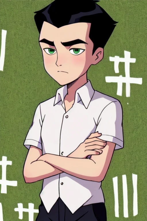 richard_grayson,1boy,solo,crossed arms,male focus,black hair,green eyes,white shirt,short sleeves,buttons,pants,upper body