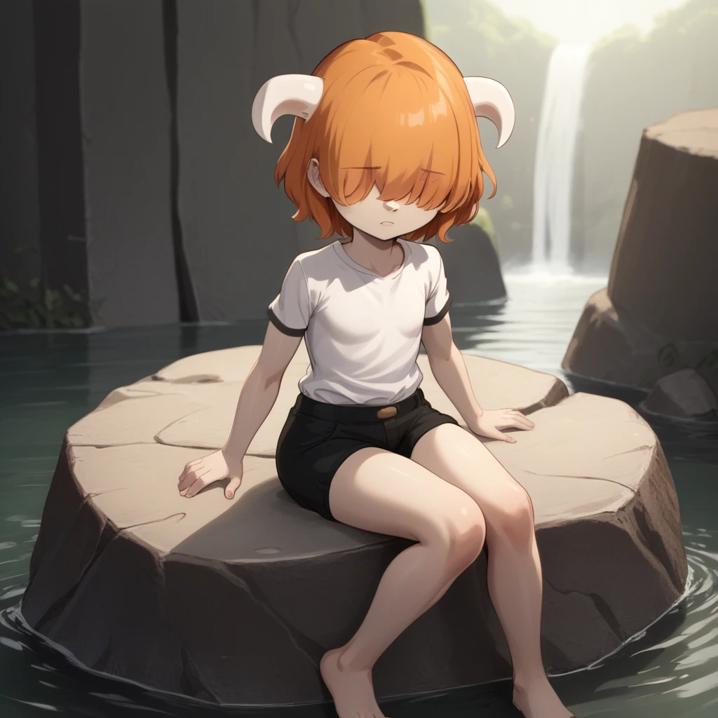 score_7_up, BREAK, JamieRusso, solo, 1girl, orange hair,  hair over eyes, short hair, horns, white shirt, short sleeves, black shorts, <lora:Jamie_Russo_PXL_Leaf1:1>, sitting on rock