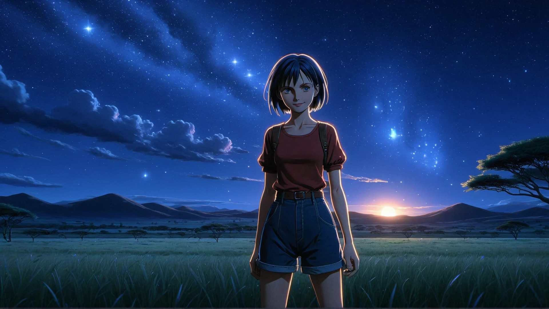 (((masterpiece))) , (((best quality))) , anime style, 2d, well-built charming 1girl, solo, lovely 1girl, AncestralPlane, full body view of beautiful gorgeous Young Viggo Mortensen, standing in an open field under a brilliant night sky, shy smile, she has Shaved sides hair, key visual, 