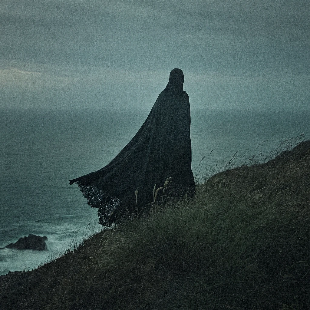 Cinematic, sci-fi, close-up shot of an abstract human shape wearing a long black cloth covering it's whole body, on the edge of a cliff, among tall  grass, overlooking the ocean, film by denis villeuneuve and compoistion by sofia coppola, dark muted tones, with slight green tint in the shadows, oppressive, dramatic, cinematic moody, 