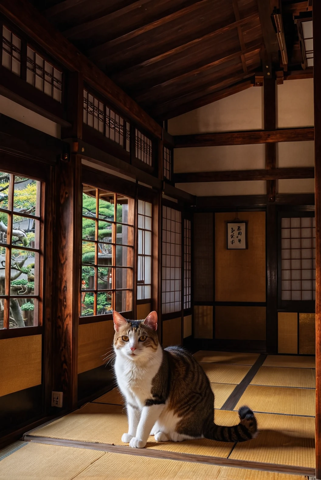 cat inside Japanese house, detailed walls, detailed roof, accurate japanese building, sharp image, detailed fur, accurate feline
[reflections, vibrant lighting, realistic, high quality photo, 4k, hd,  7-JapaneseArchitecture ]
   <lora:Japanese Architecture v1.0:0.6>