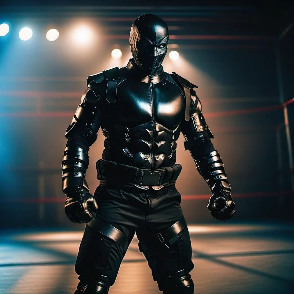 cinematic photo  man with a black mask in an black armored bodysuit, black boxing gloves, black cargopants, shoulder armor, breast plate, black military boots, dark, boxing on a ring <lora:Rendel1024-000150:0.8> . 35mm photograph, film, bokeh, professional, 4k, highly detailed