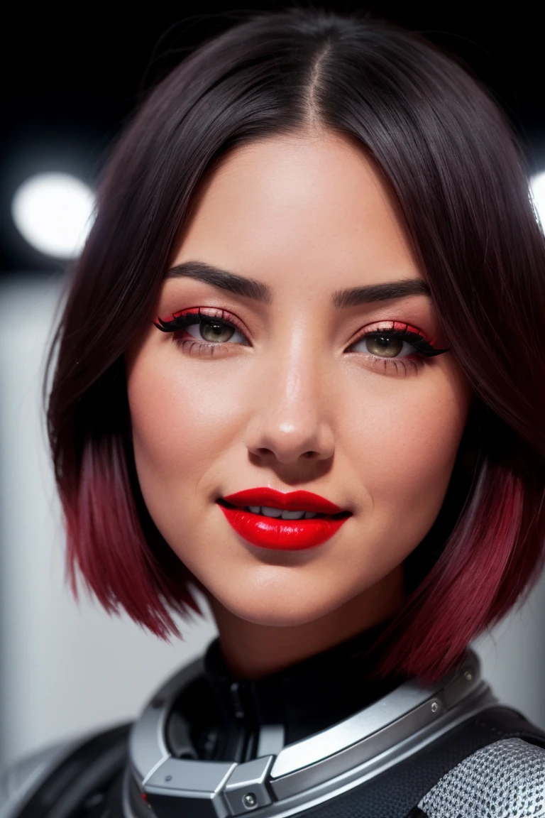 oliviamunn, ((red lipstick, eye shadow, eyeliner, blush)), ((detailed eyes, beautiful eyes, detailed face, beautiful face):1.2), ,photo of a woman, RAW, ((detailed scifi spacesuit, outer space, scifi details)), ((short hair, dark red hair)), , 8k uhd, dslr, soft lighting, high quality, film grain, Fujifilm XT3 sharp focus, f 5.6,((red lipstick, pale skin)) , smiling