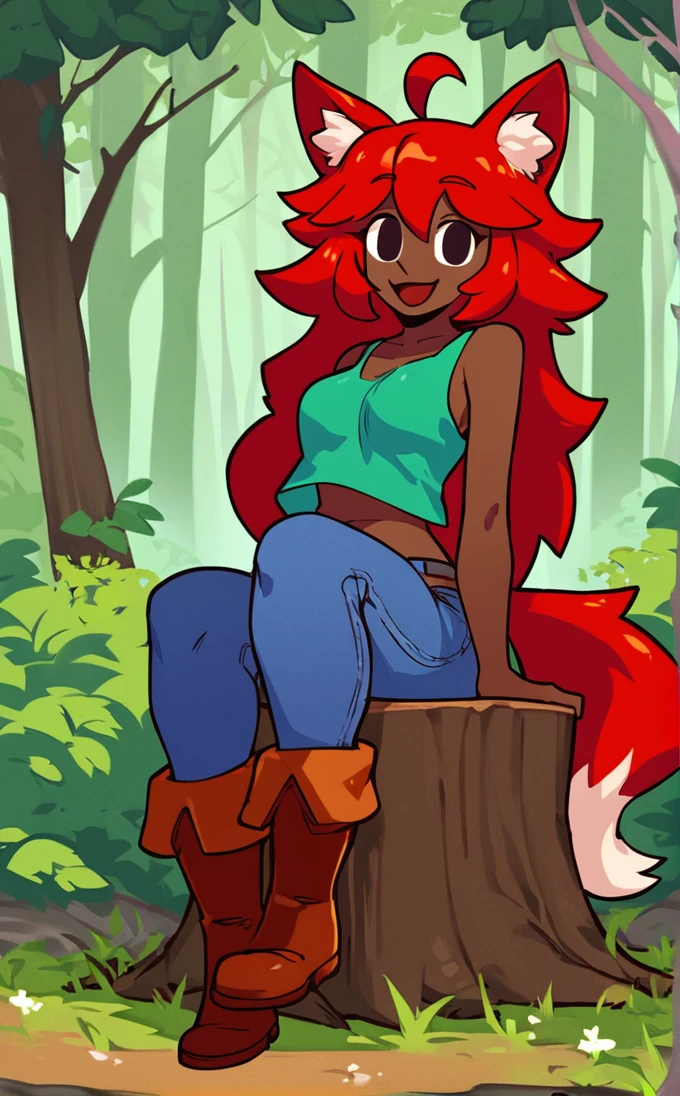 score_9, score_8_up, score_7_up, female, solo, 1girl, 
<lora:Zoologist_Custom:1>, Zoologist, dark skin, fox ears, fox tail, red hair, ahoge, green shirt, midriff, jeans, boots, smile, solid oval eyes, 
full body, looking at viewer, 
outdoors, forest, sitting on a tree stump,