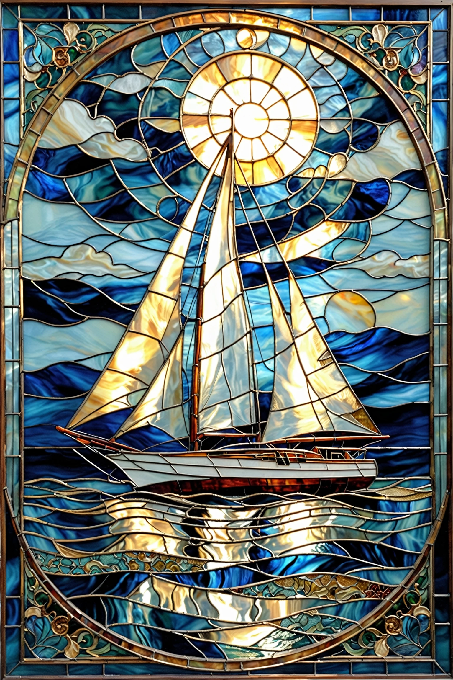 A stunning stained glass artwork. At its center, there's a sailboat with intricately designed sails, set against a deep blue backdrop. Above the boat, there's a circular window or portal, emanating a radiant light. The sky is filled with swirling patterns of blue and white, resembling waves or clouds. The boat's reflection is beautifully mirrored in the water below, creating a symmetrical effect. The overall ambiance of the artwork is serene, with the interplay of light and color evoking a sense of calm and wonder.<lora:EMS-402101-EMS:0.800000>