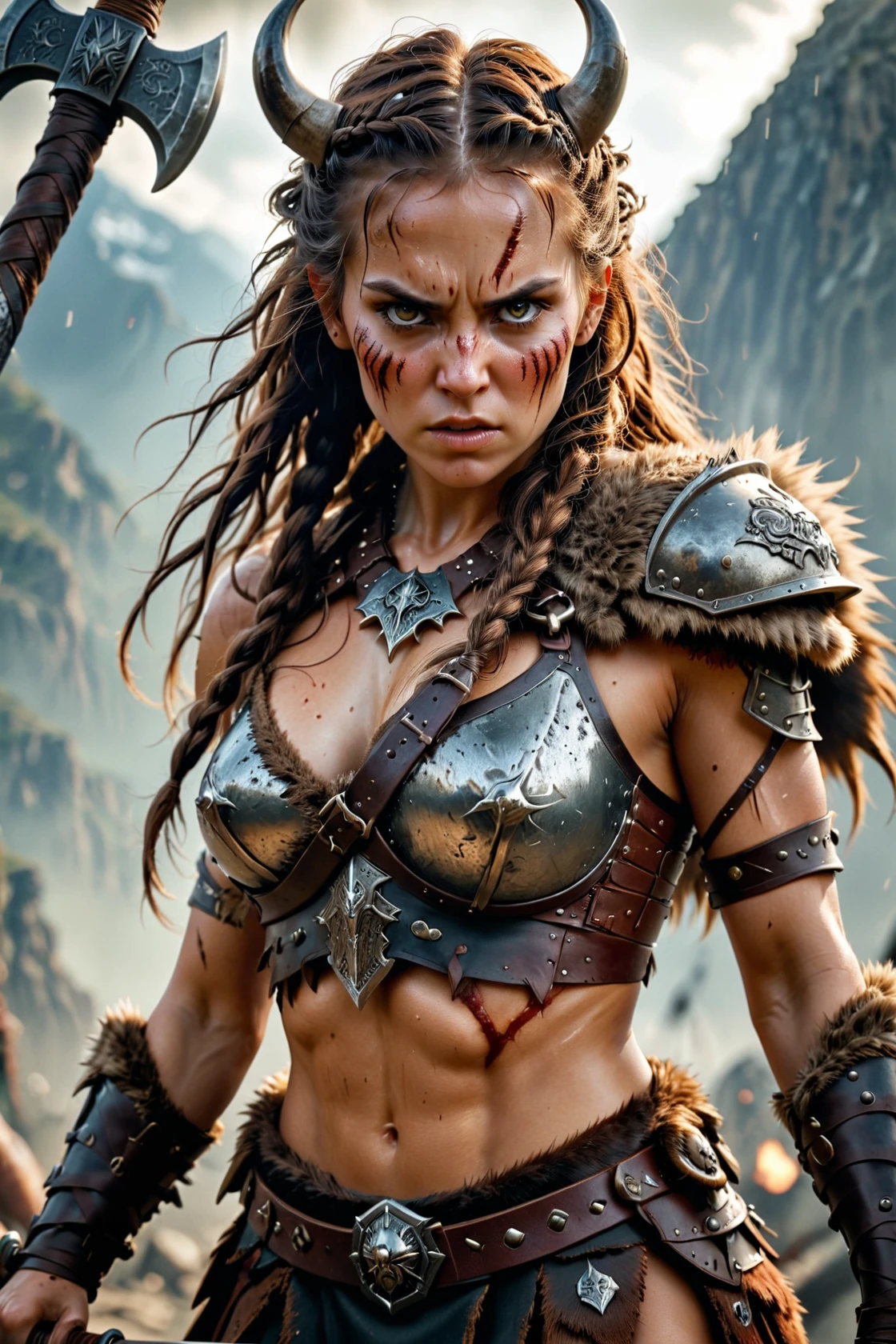 Close up portrait. A fierce barbarian warrior woman stands tall, clad in fur and leather armor, wielding a massive battle axe. Her eyes blaze with determination, and her braided hair swings wildly as she charges into battle. Scars mar her weathered skin, testament to her prowess in combat. With each step, she embodies the untamed spirit of the wild, ready to unleash chaos upon her foes.
Low-angle shot. Realistic. ral-dissolve. DEVIL SPAWN