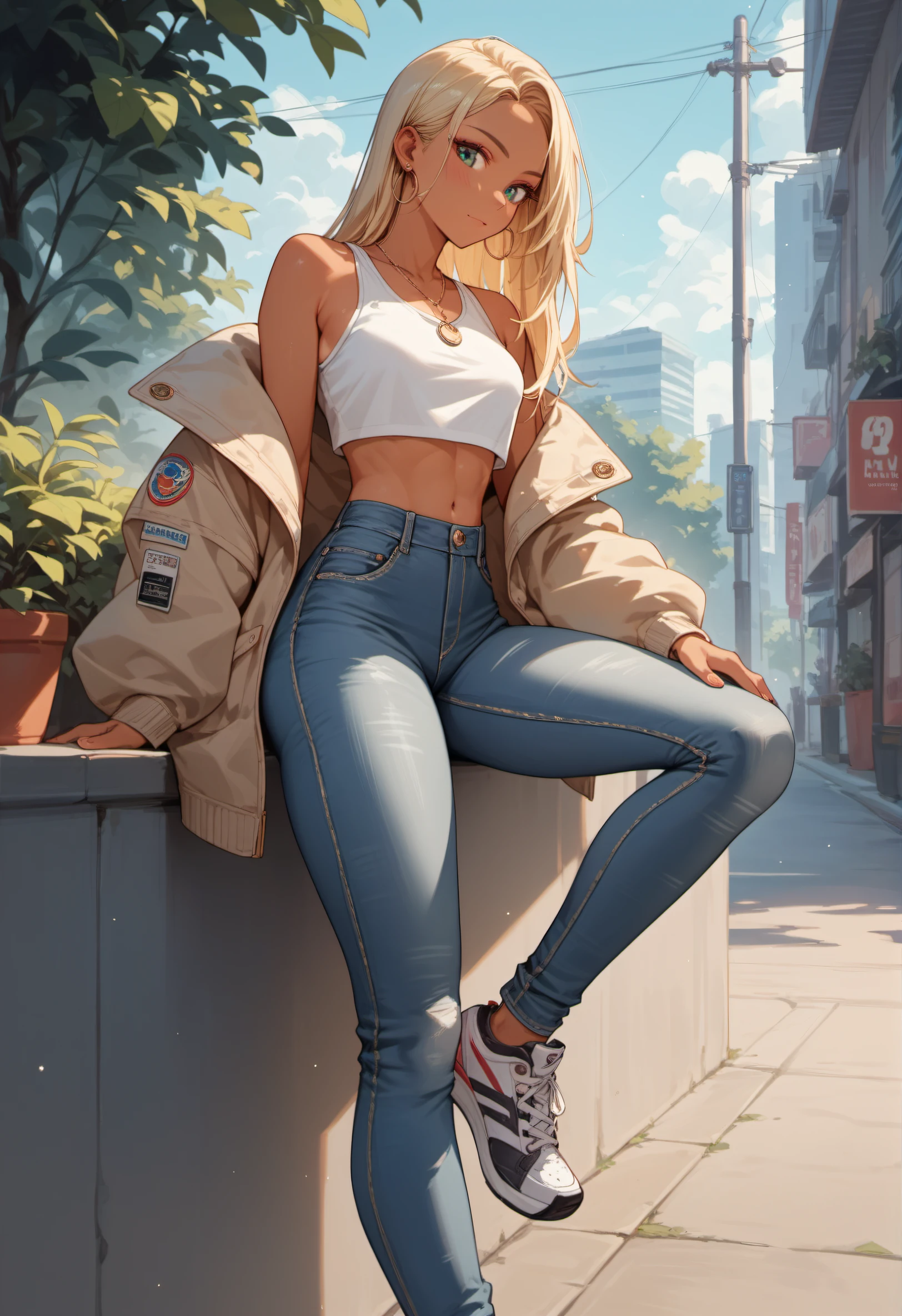 score_9, score_8_up, score_7_up,  rating_explicit, (1girl), skinny blonde, sneakers, high-waist jeans, crop top, tan Jacket